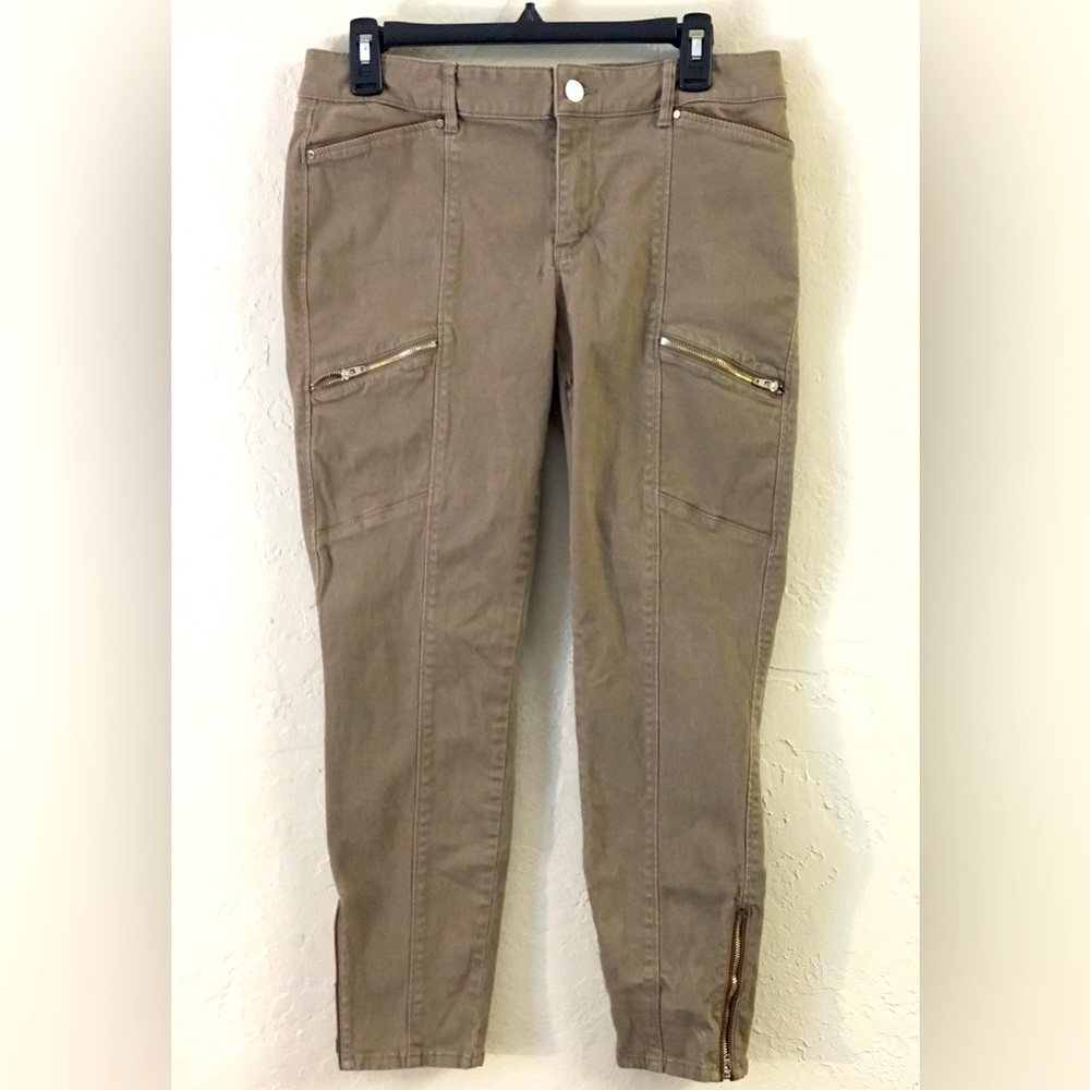WHBM The Skimmer Moto Jeans 10 Tan Zipper Detail Stretch Denim